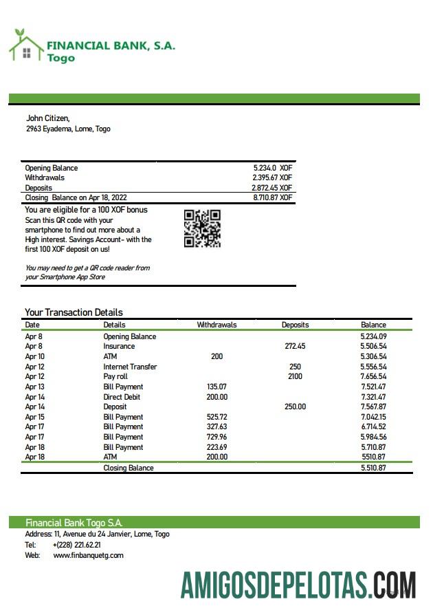 Exemplo de extrato bancário financeiro do Togo